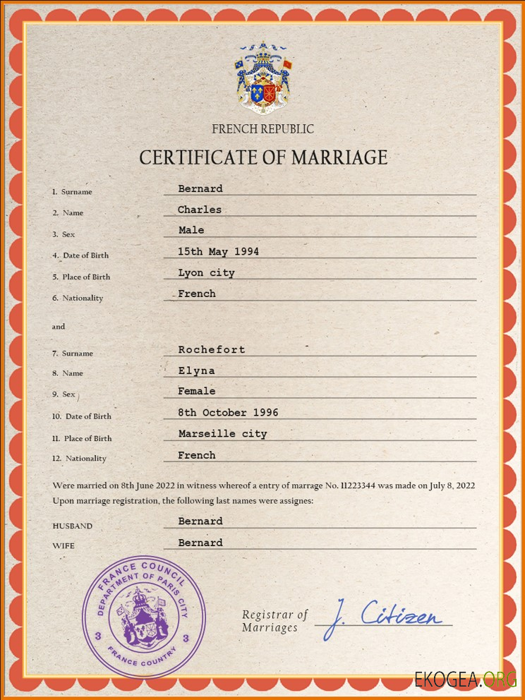 Modèle PSD de certificat de mariage en France